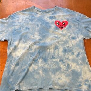 Keith Haring Sky Blue Tie-Dye Short Sleeve Tee with Red Heart Graphic